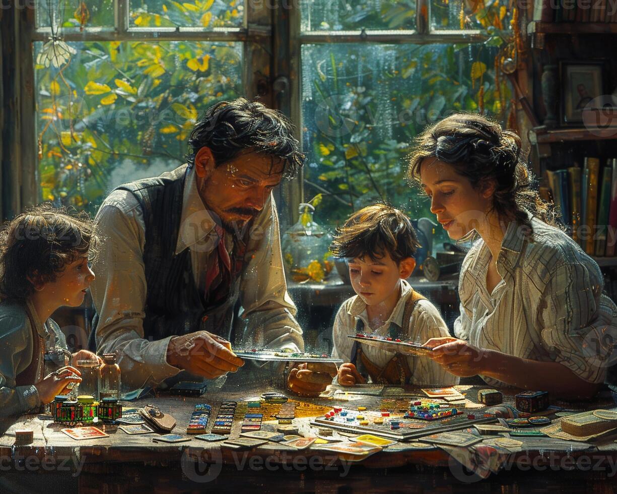 A candid shot of a family playing board games at home photo