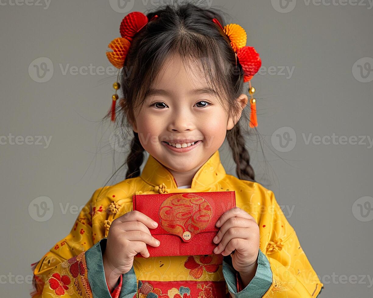 A child holding a red envelope with a big smile. photo