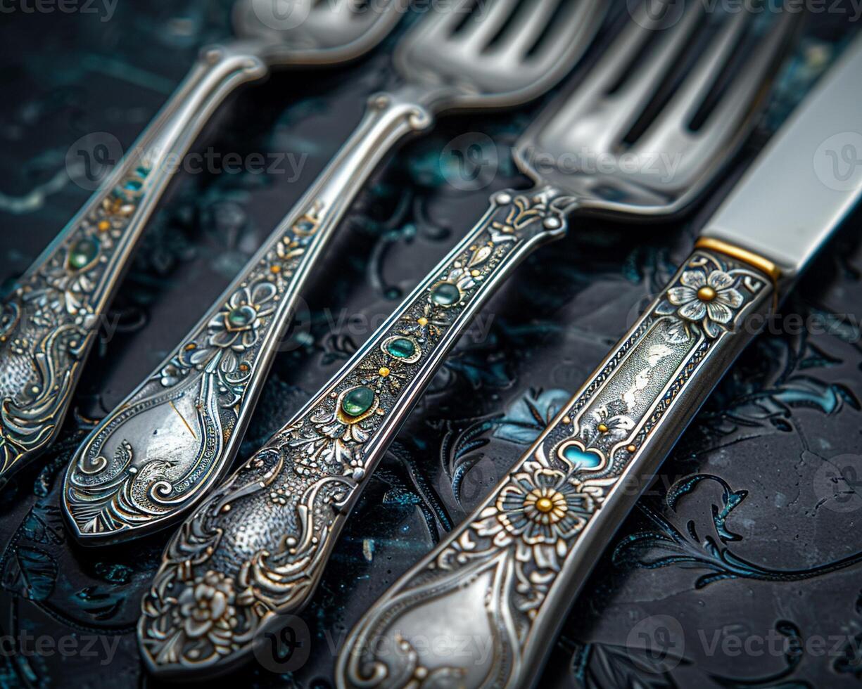 A close-up of a cutlery set with intricate patterns. photo