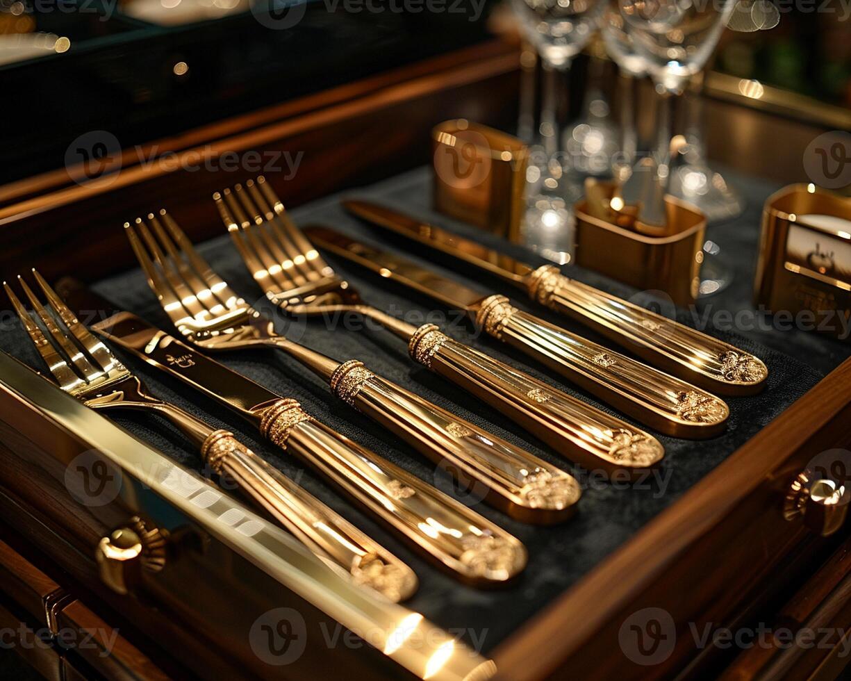 A close-up of a cutlery set with personalized initials. photo