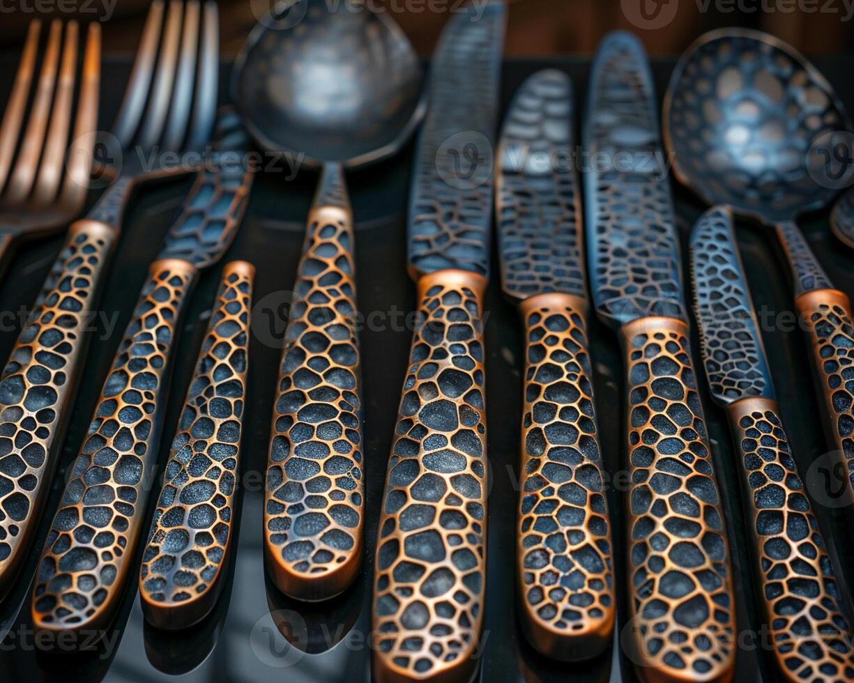 A close-up of a cutlery set with a unique pattern. photo