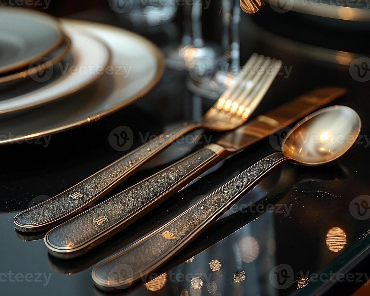 A close-up of a cutlery set with personalized initials. photo