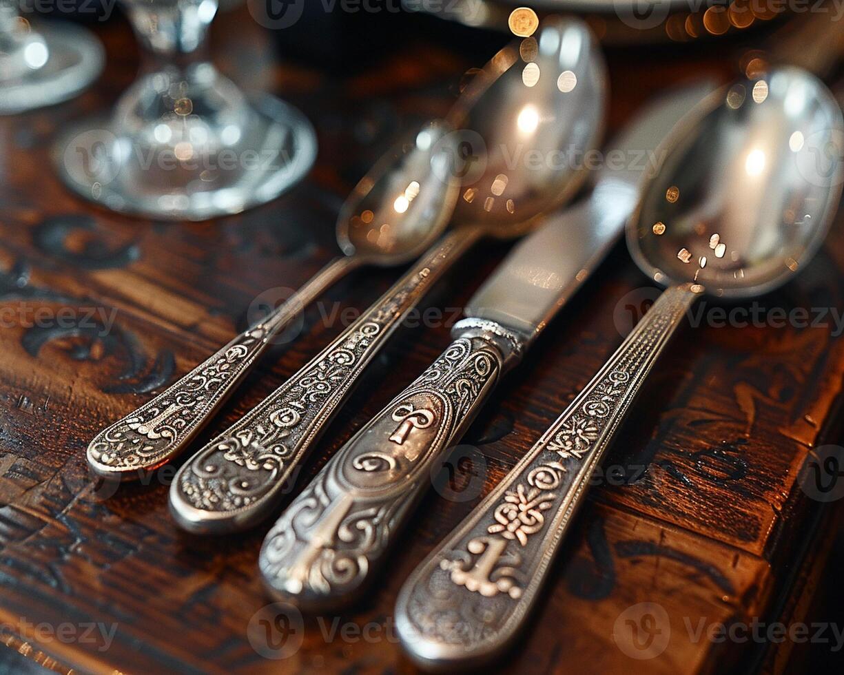 A close-up of a cutlery set with personalized initials. photo