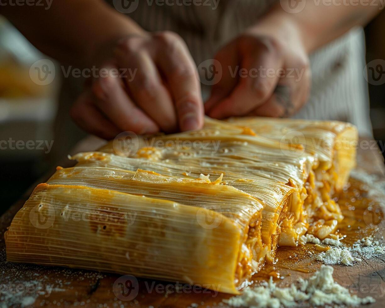 A close-up of a tamale being unwrapped. photo