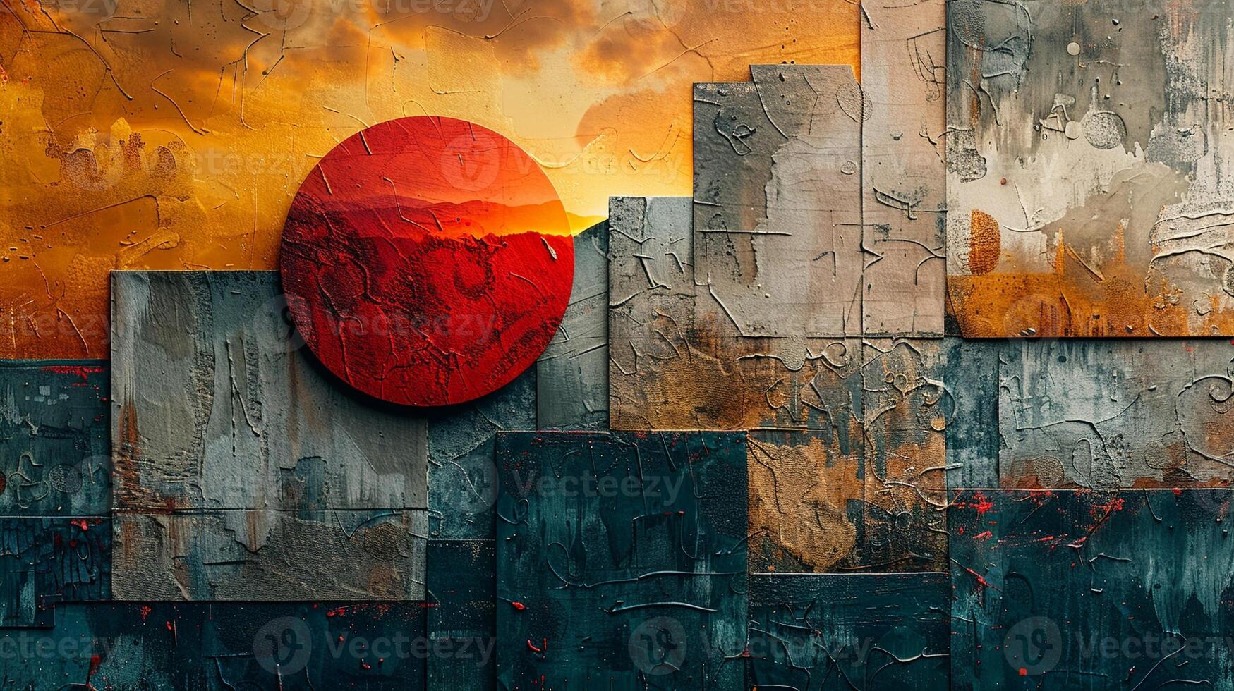 A collage art piece featuring abstract designs and textures photo