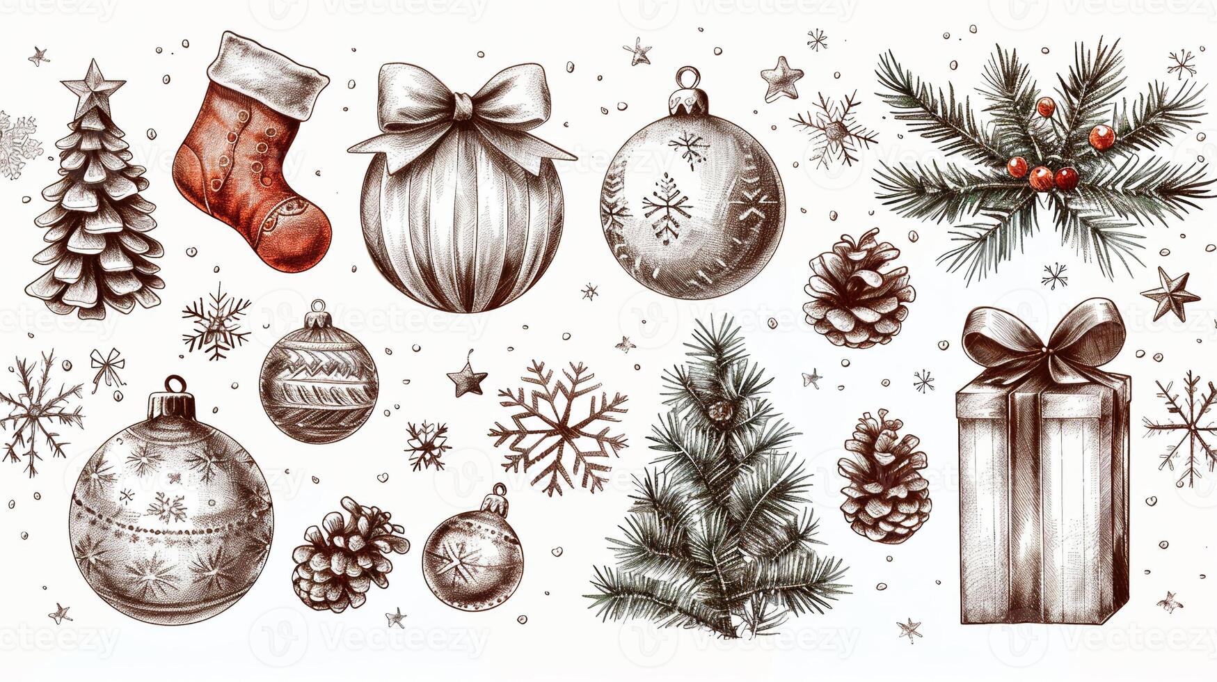 A detailed outline drawing of various holiday decorations. photo