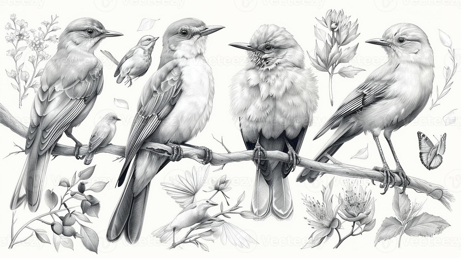 A detailed outline drawing of different types of birds. photo