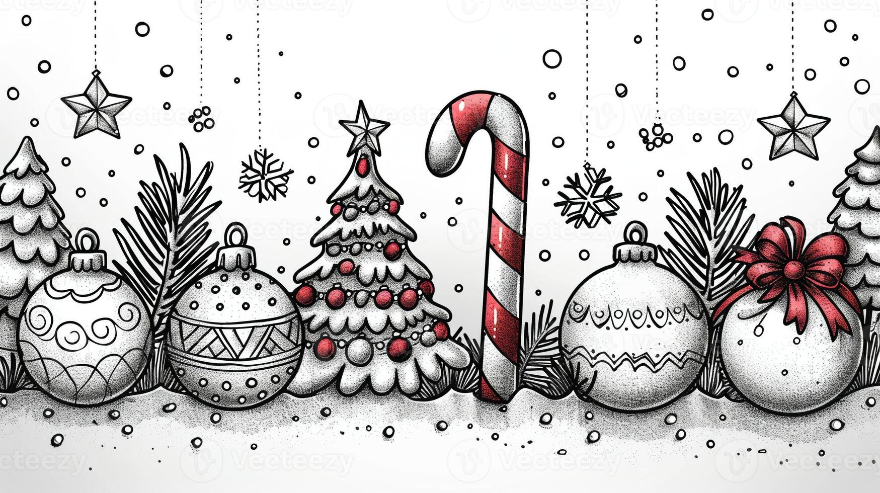 A detailed outline drawing of various holiday decorations. photo