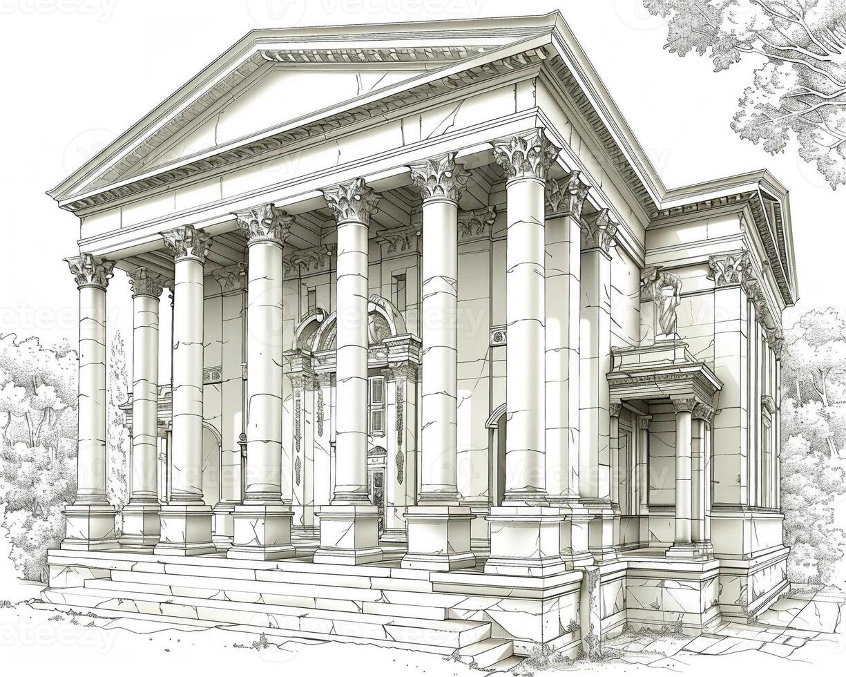 A detailed outline drawing of a historical building illustration photo