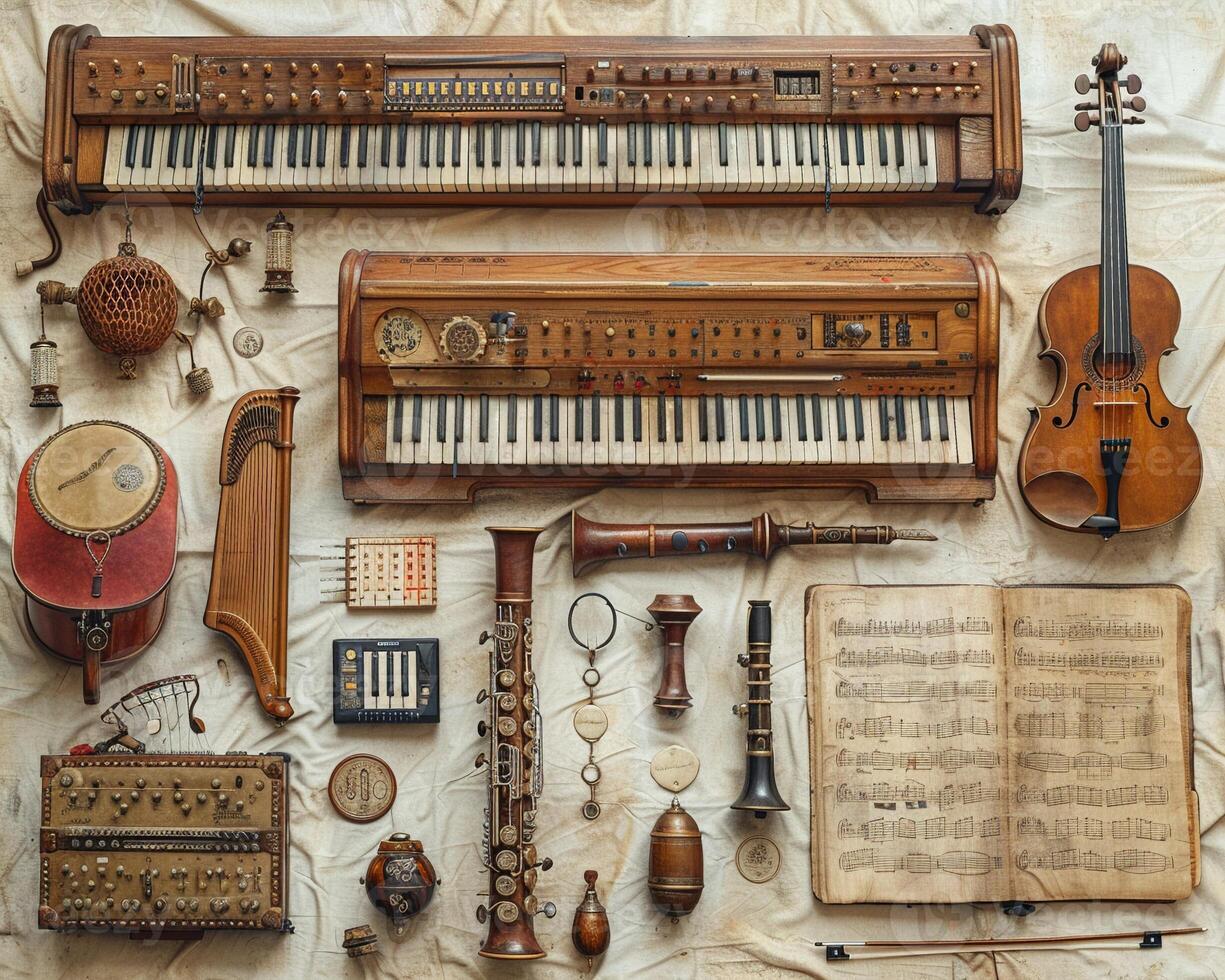 A detailed outline of a musical instrument collection. photo