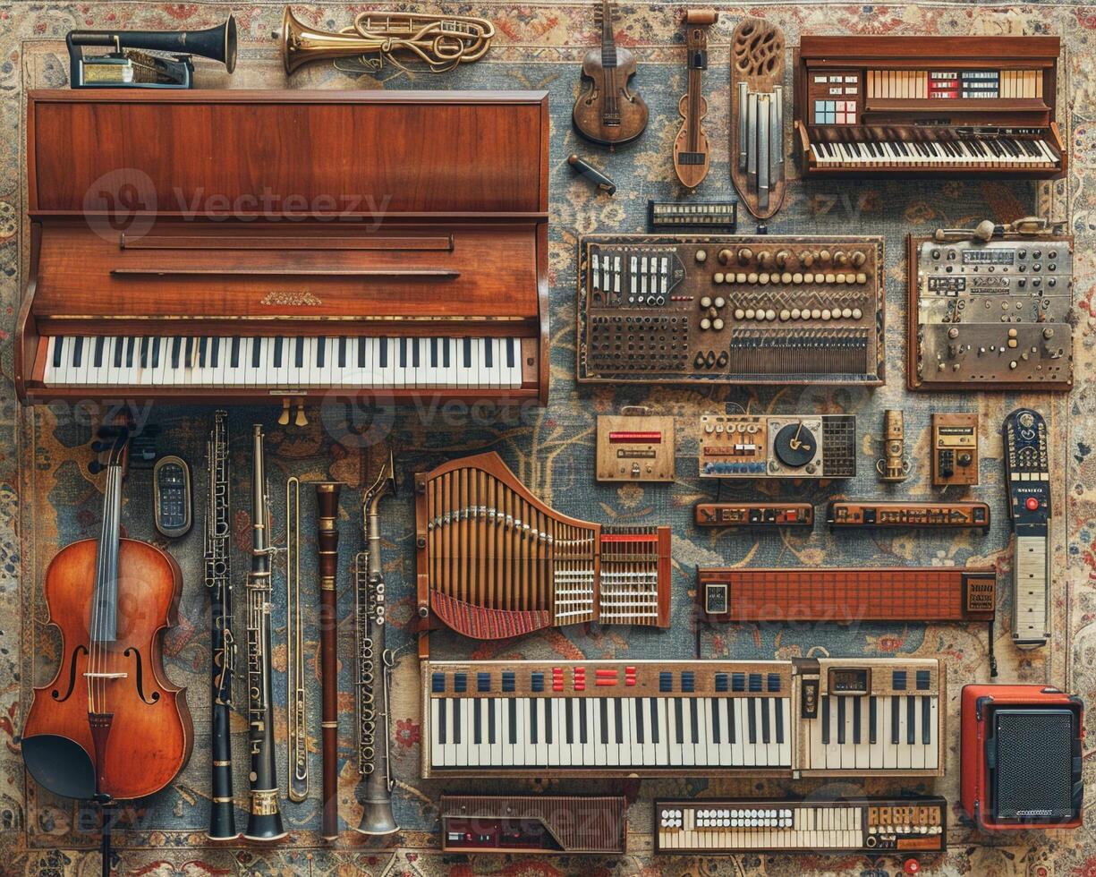 A detailed outline of a musical instrument collection. photo