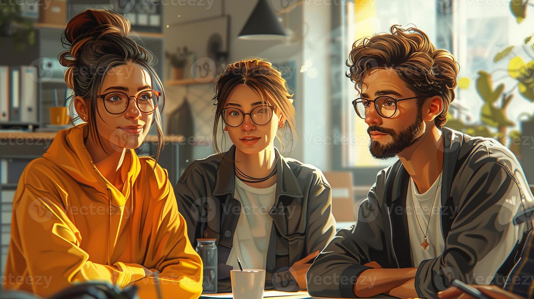 A diverse team having a casual conversation in an office. photo