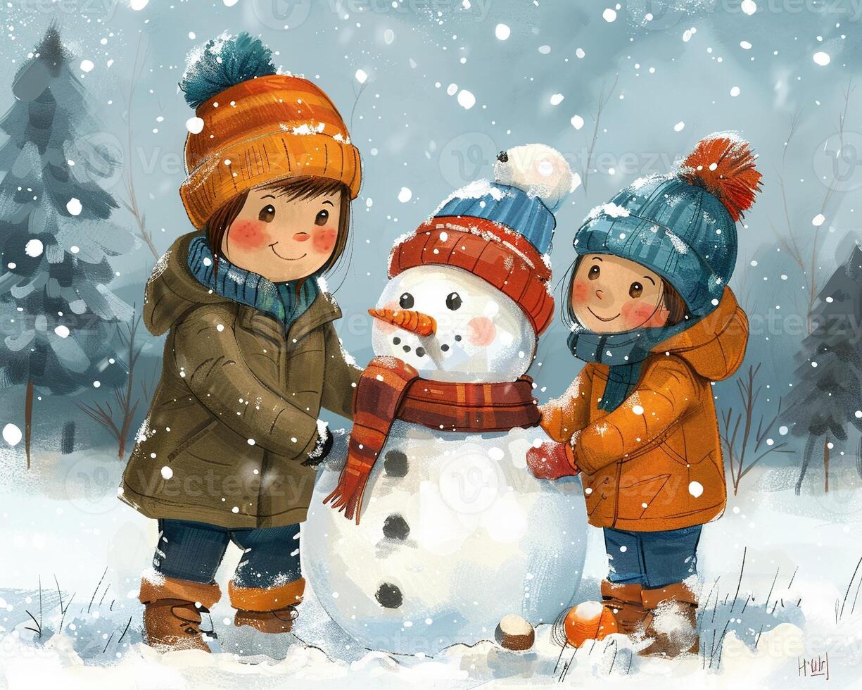 A family building a snowman together. photo