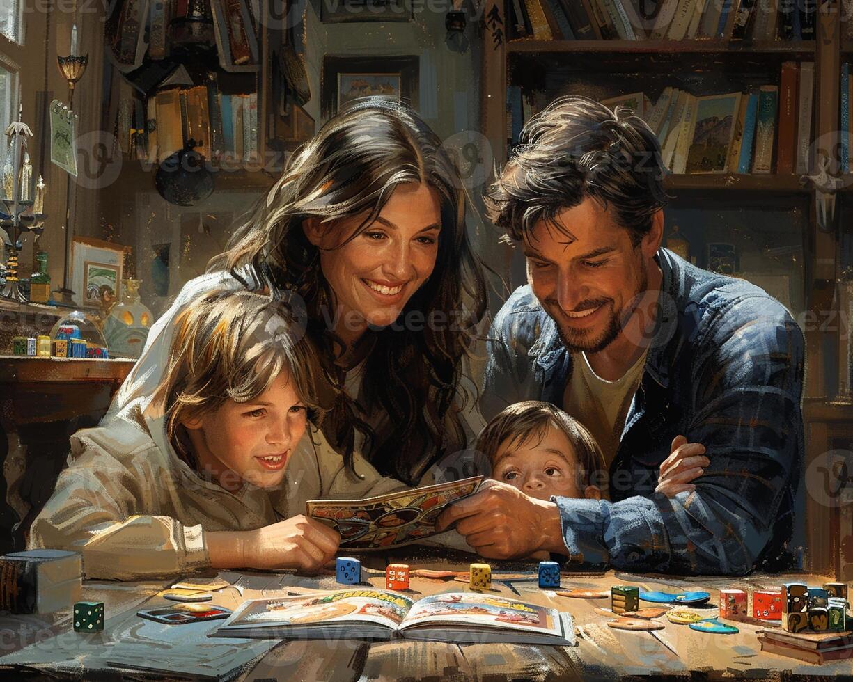 A family enjoying a movie night at home. photo
