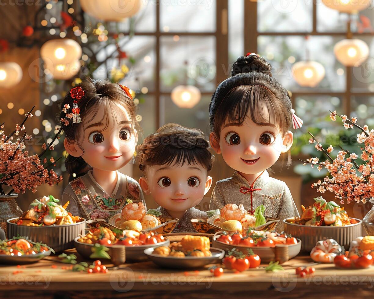 A family enjoying a meal with traditional Lunar New Year dishes. photo