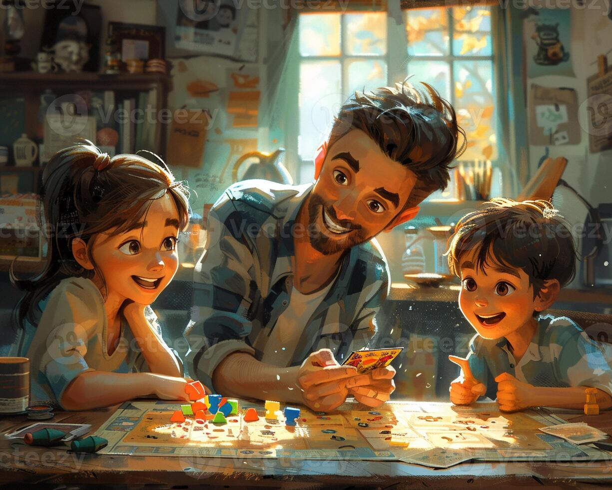 A family enjoying a movie night at home. photo