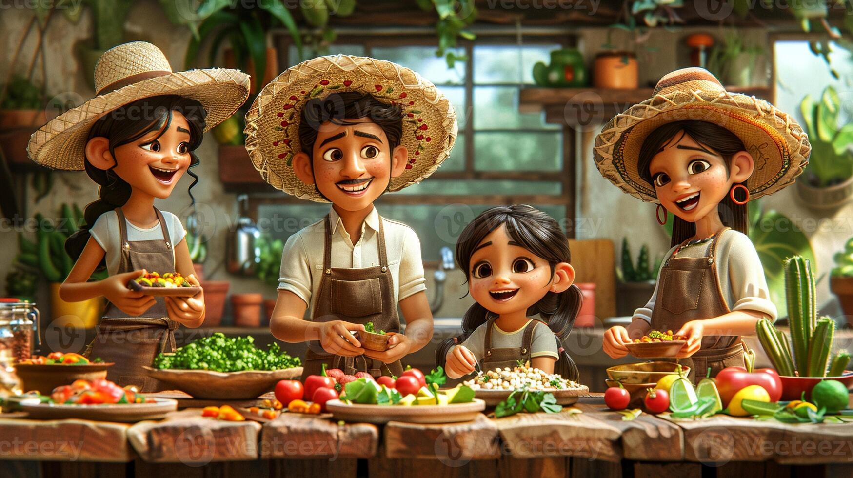 A family preparing a traditional Mexican meal together. photo