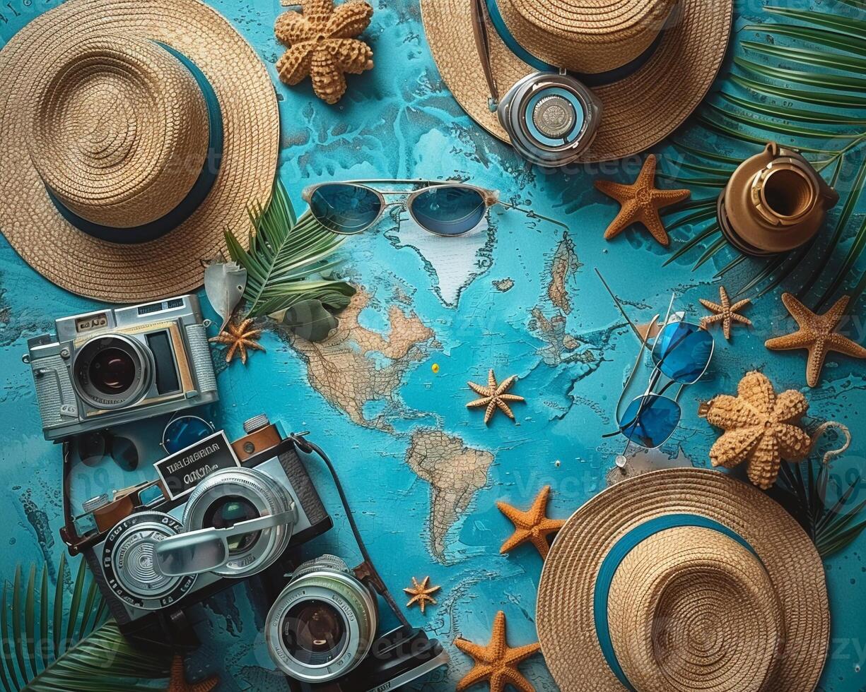 A family vacation collage with travel photos and summer-themed decorations.