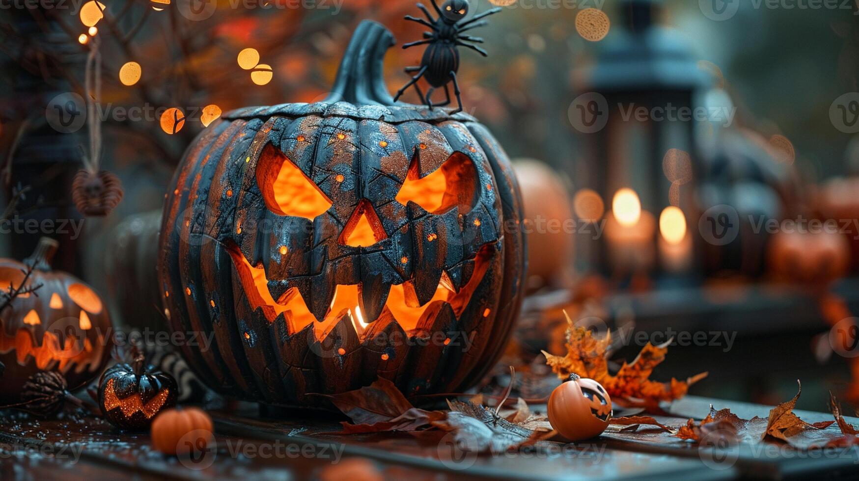 A festive collage with photos of Halloween costumes and spooky decorations.