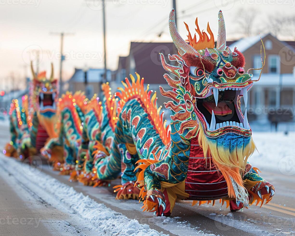 A festive dragon dance parade with colorful costumes. photo