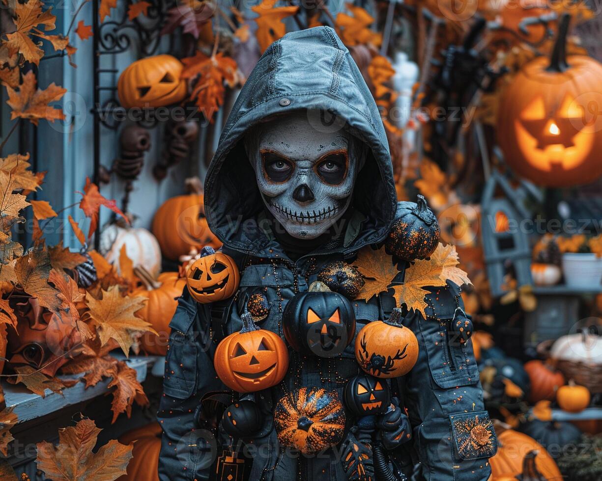A festive collage with photos of Halloween costumes and spooky decorations.