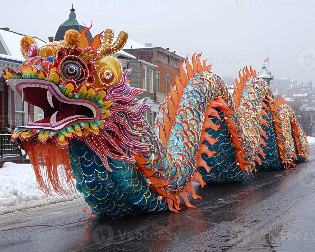 A festive dragon dance parade with colorful costumes. photo