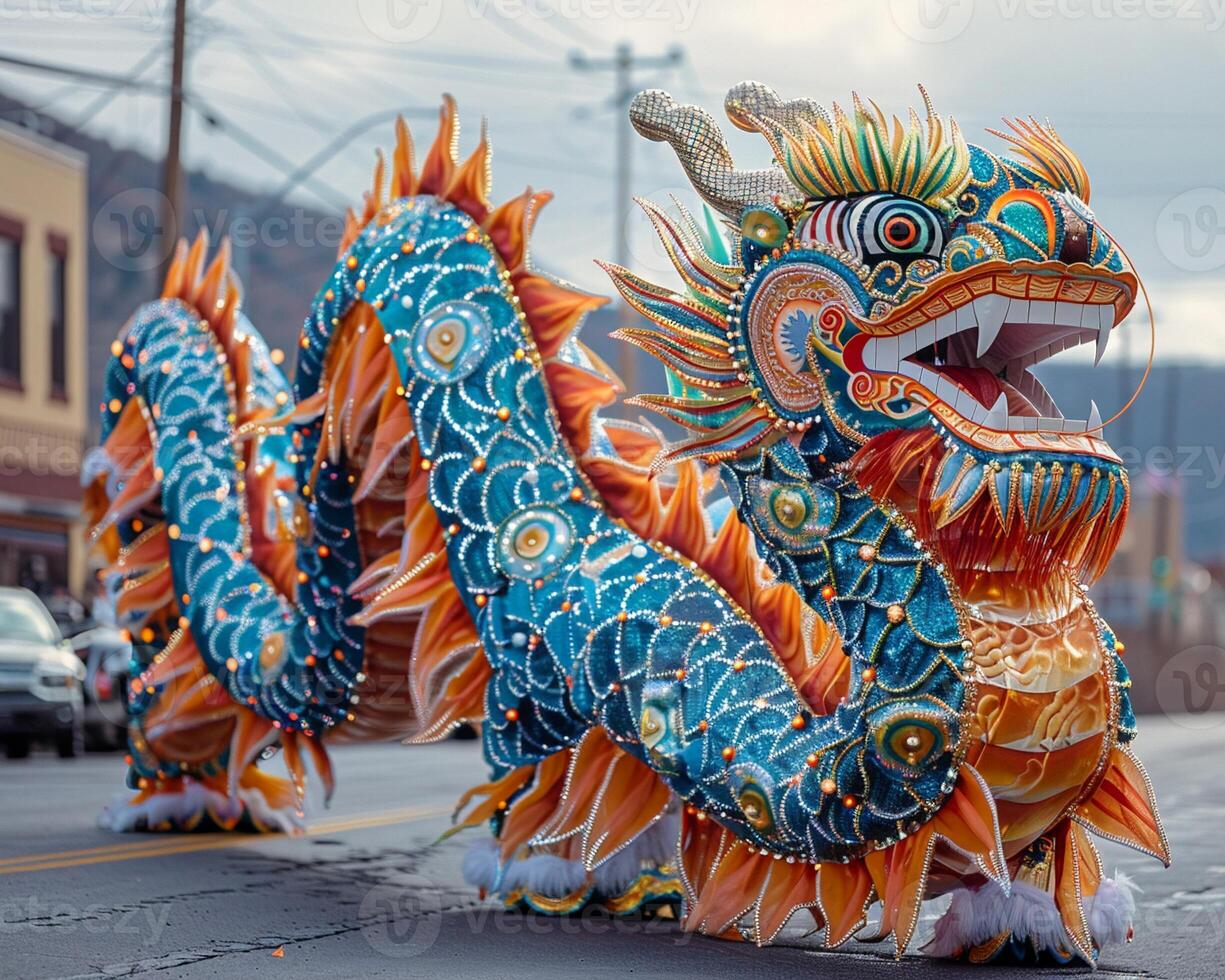 A festive dragon dance parade with colorful costumes. photo
