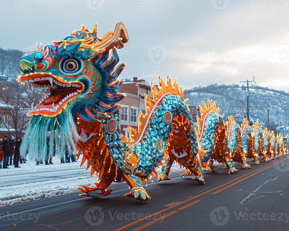 A festive dragon dance parade with colorful costumes. photo