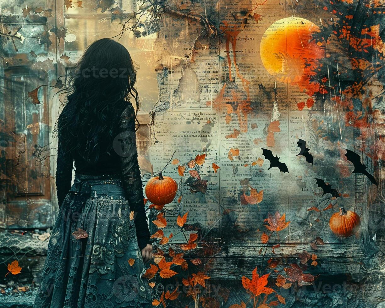 A festive collage with photos of Halloween costumes and spooky decorations.