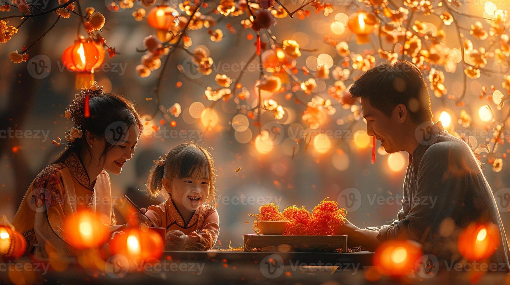 A festive scene of a family celebrating Lunar New Year with traditional decorations. photo