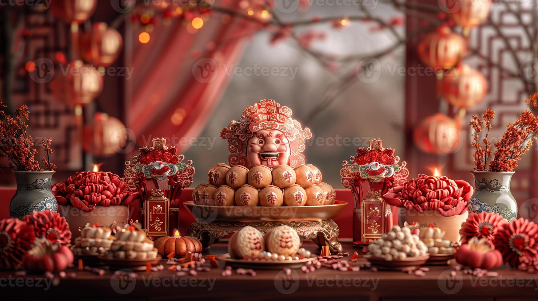 A festive scene of a family celebrating Lunar New Year with traditional decorations. photo