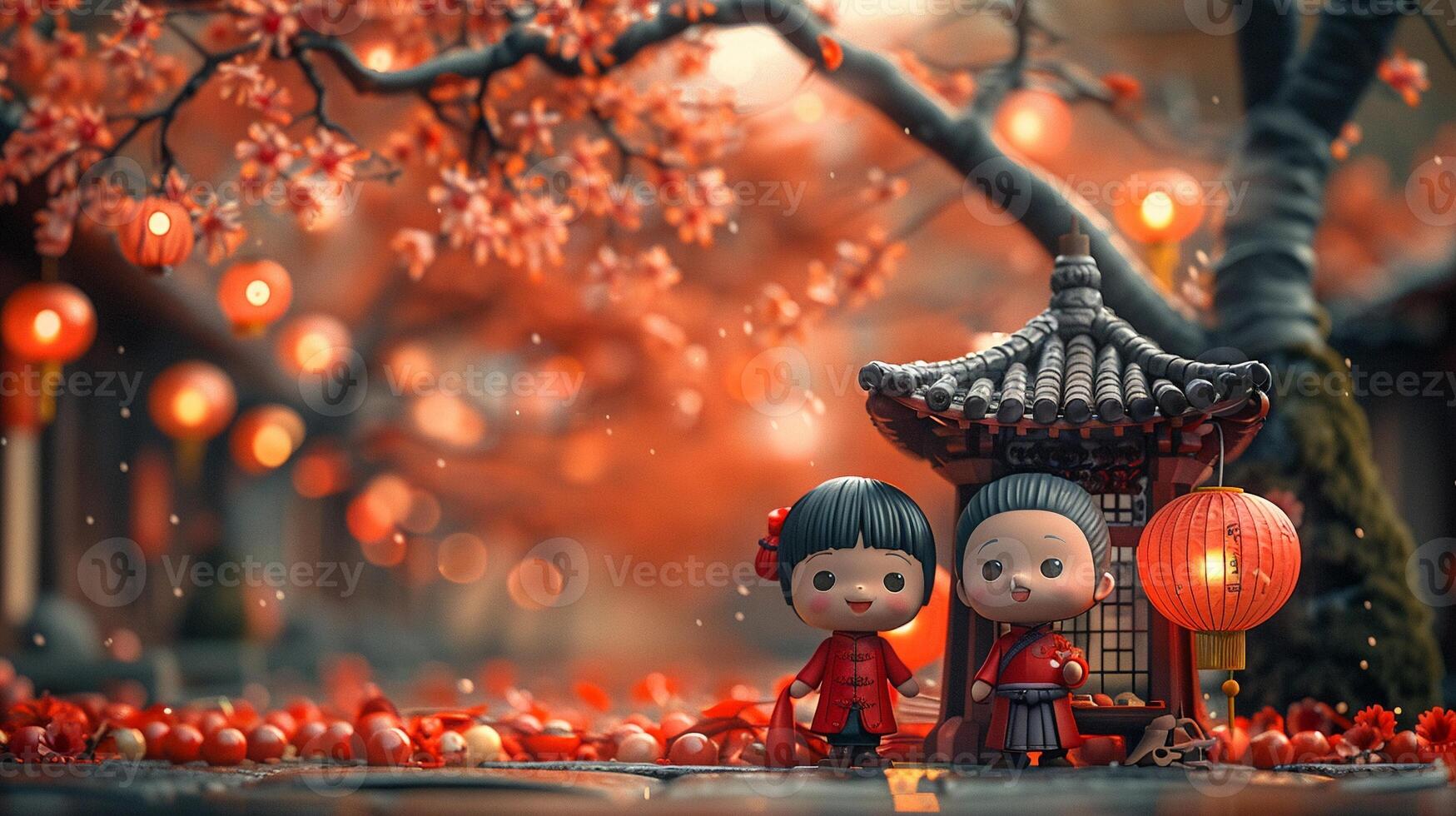 A festive scene of a family celebrating Lunar New Year with traditional decorations. photo