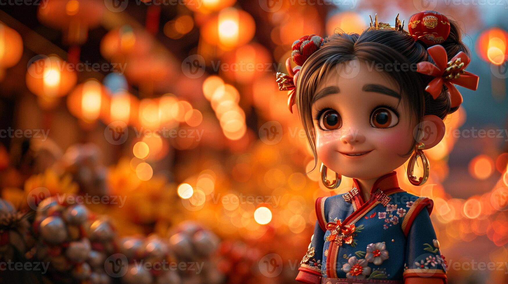 A festive scene of a family celebrating Lunar New Year with traditional decorations. photo