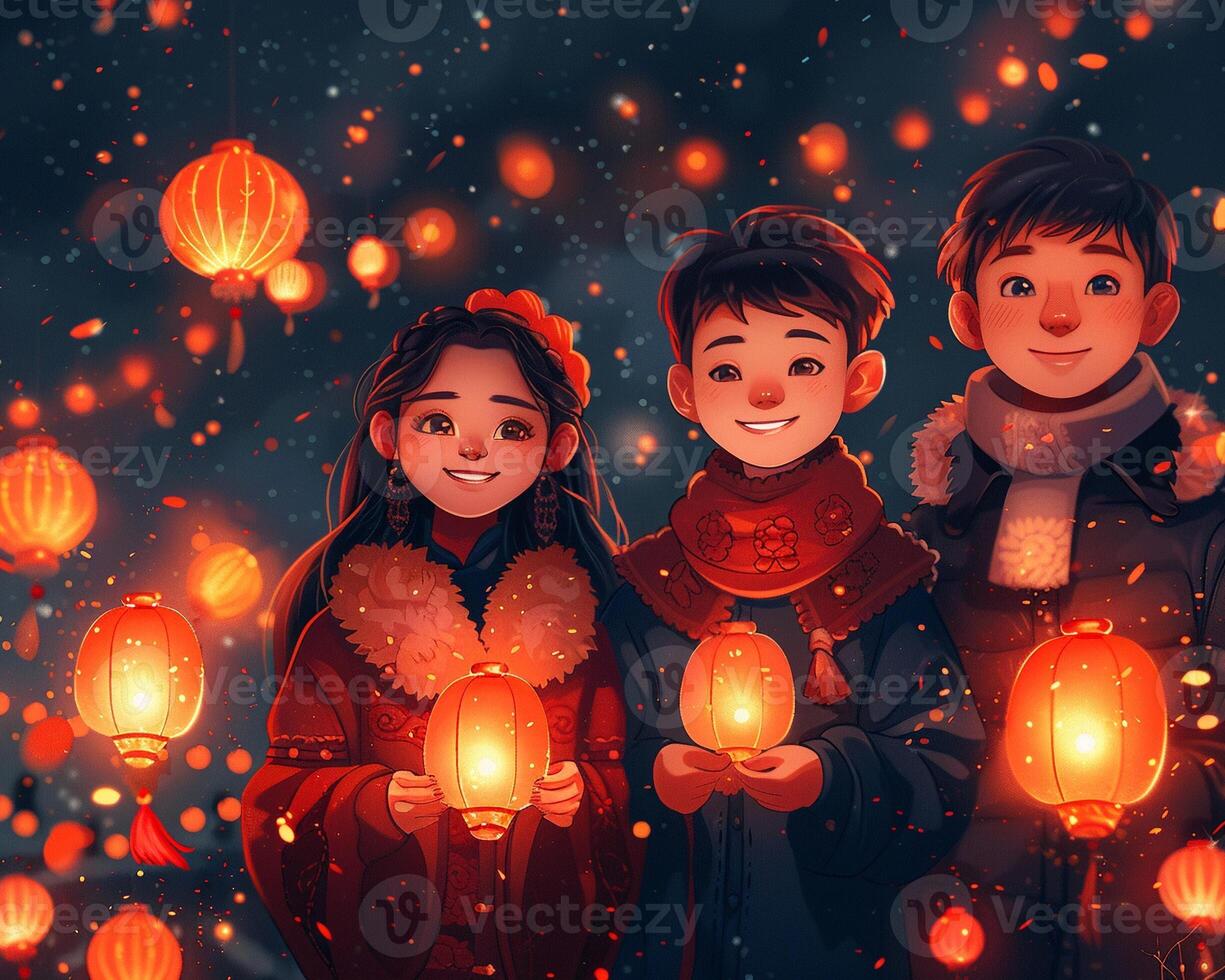 A group of friends celebrating Lunar New Year with fireworks photo