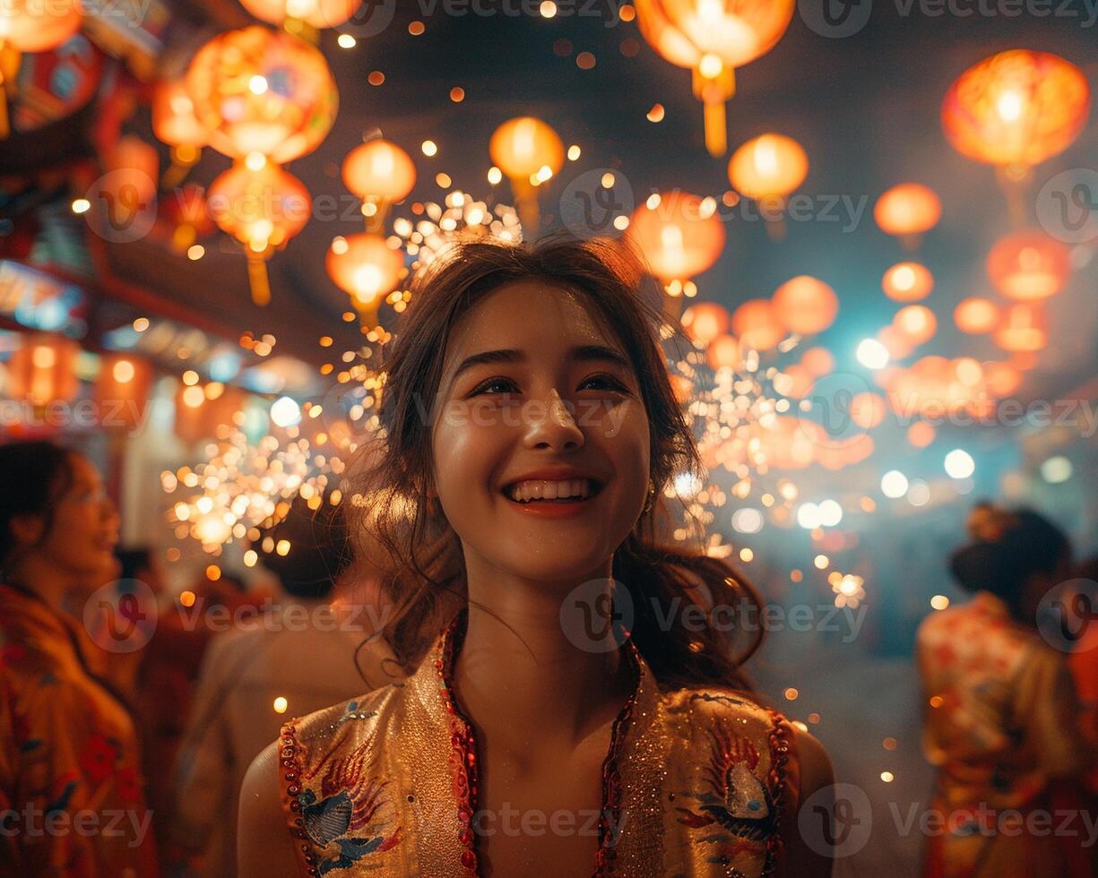 A group of friends celebrating Lunar New Year with fireworks photo