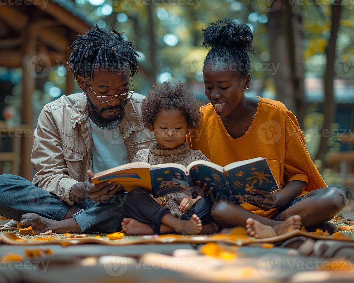 A group of people engaging in acts of care such as reading to children photo