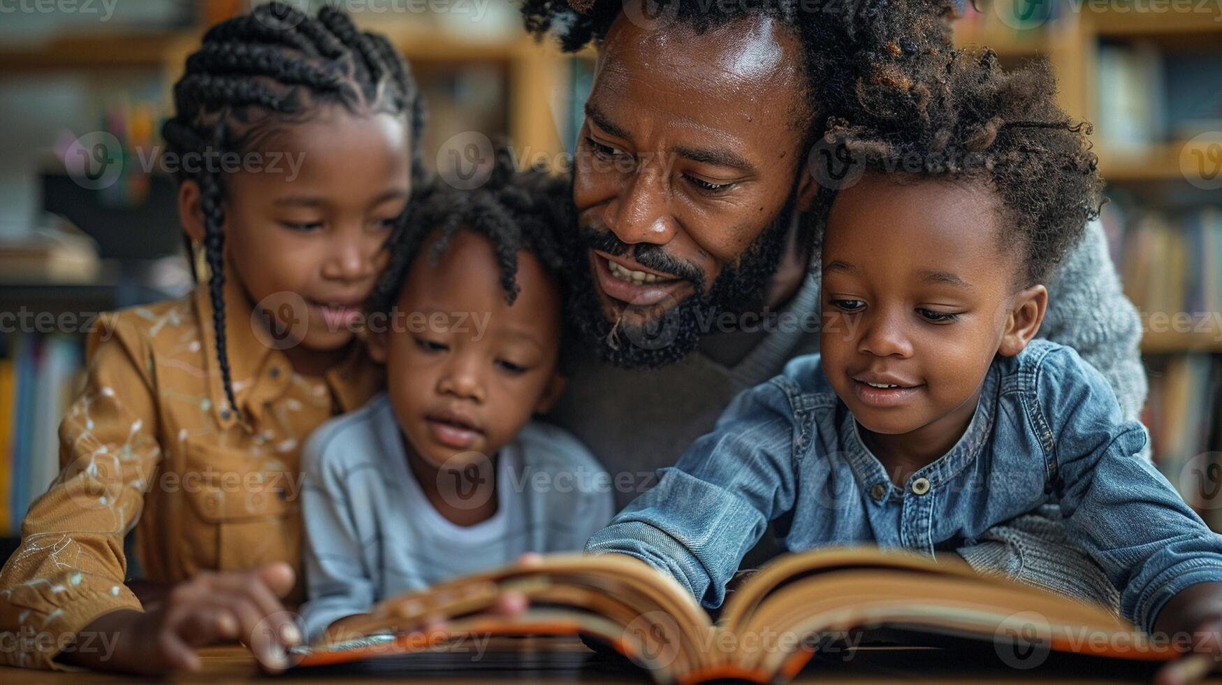 A group of people engaging in acts of care such as reading to children photo