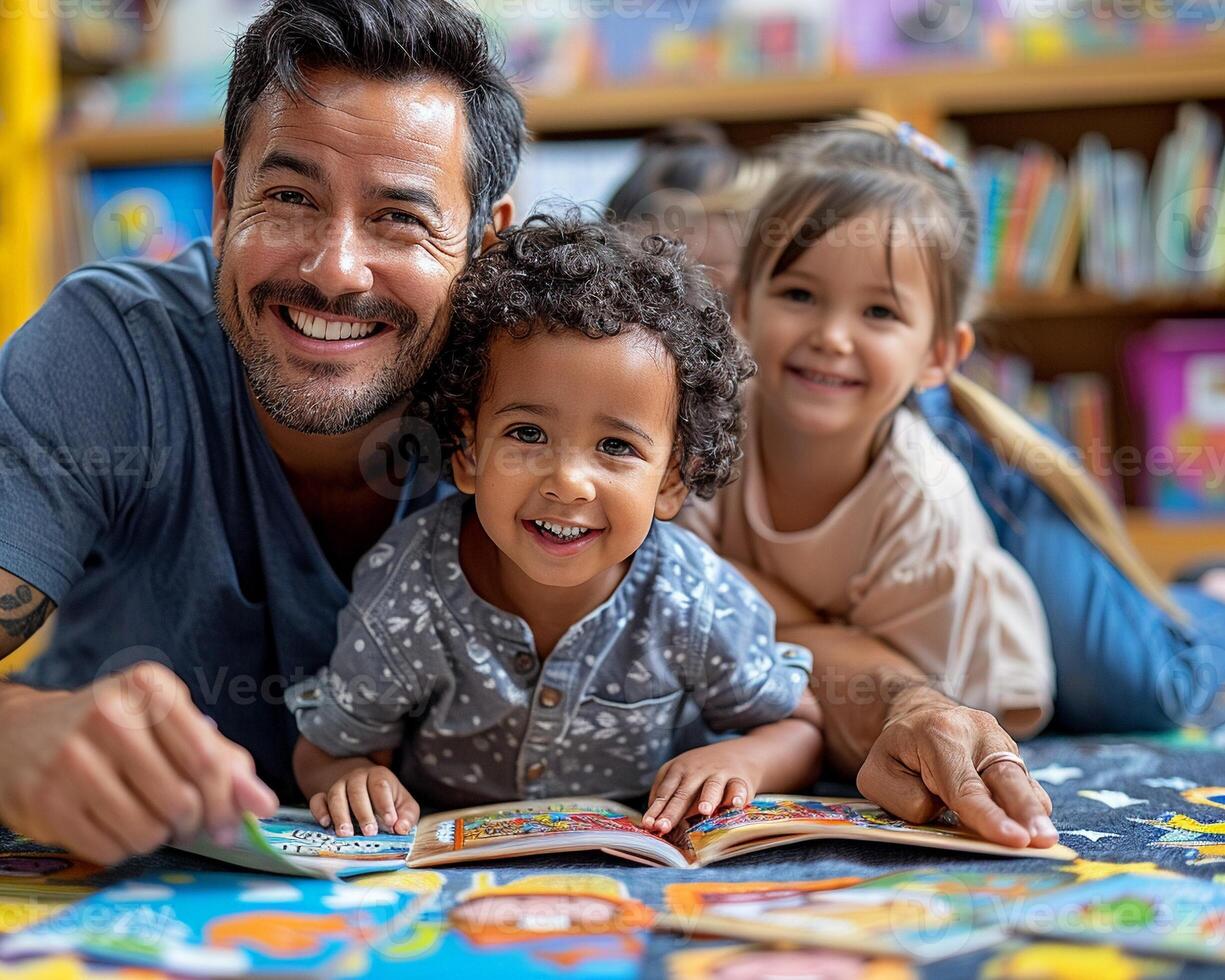 A group of people engaging in acts of care such as reading to children photo