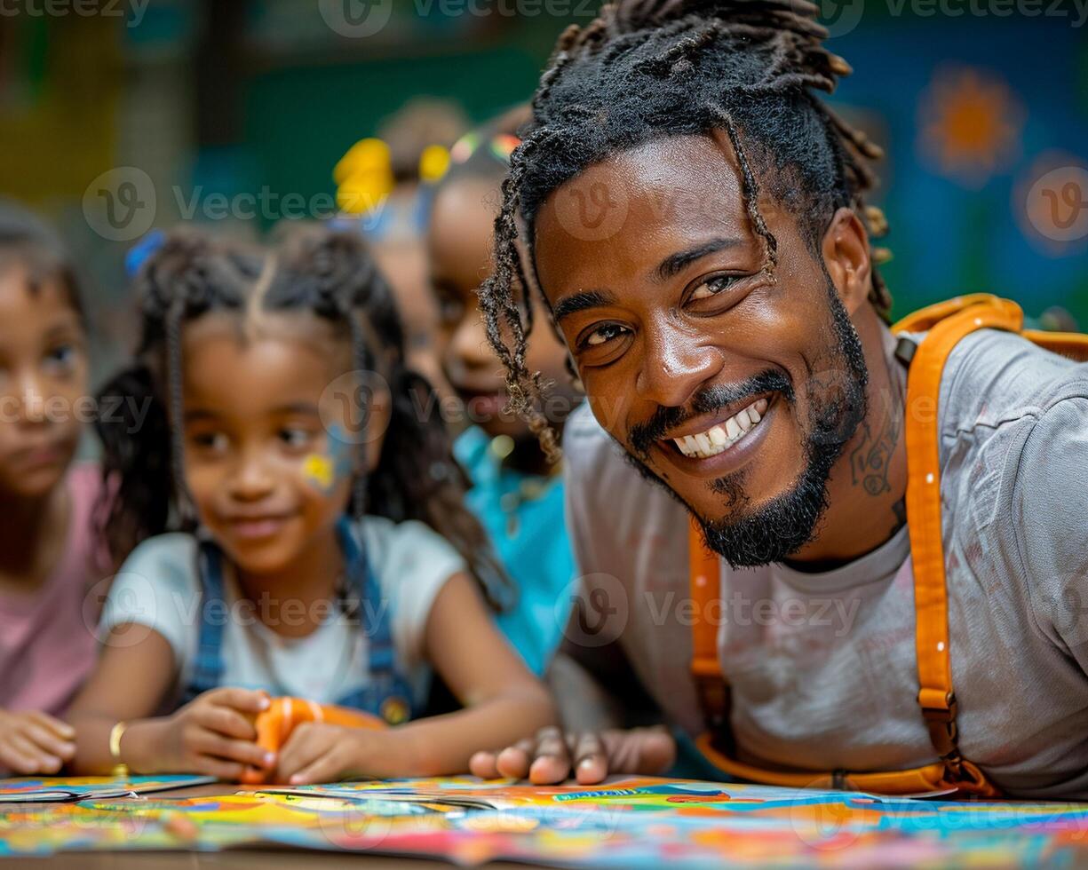 A group of people engaging in acts of care such as reading to children photo
