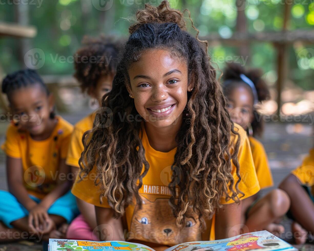 A group of people engaging in acts of care such as reading to children photo