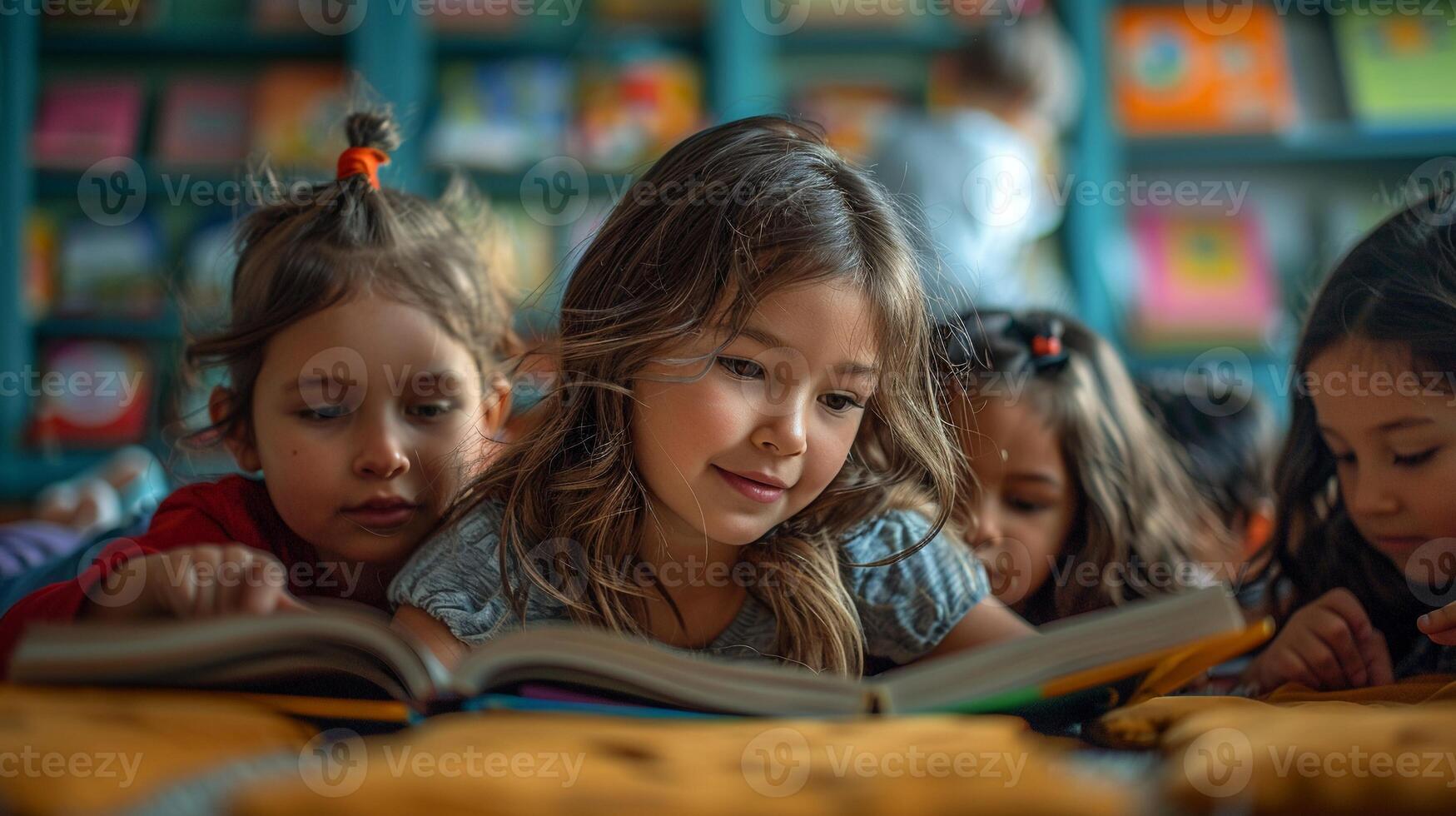 A group of people engaging in acts of care such as reading to children photo