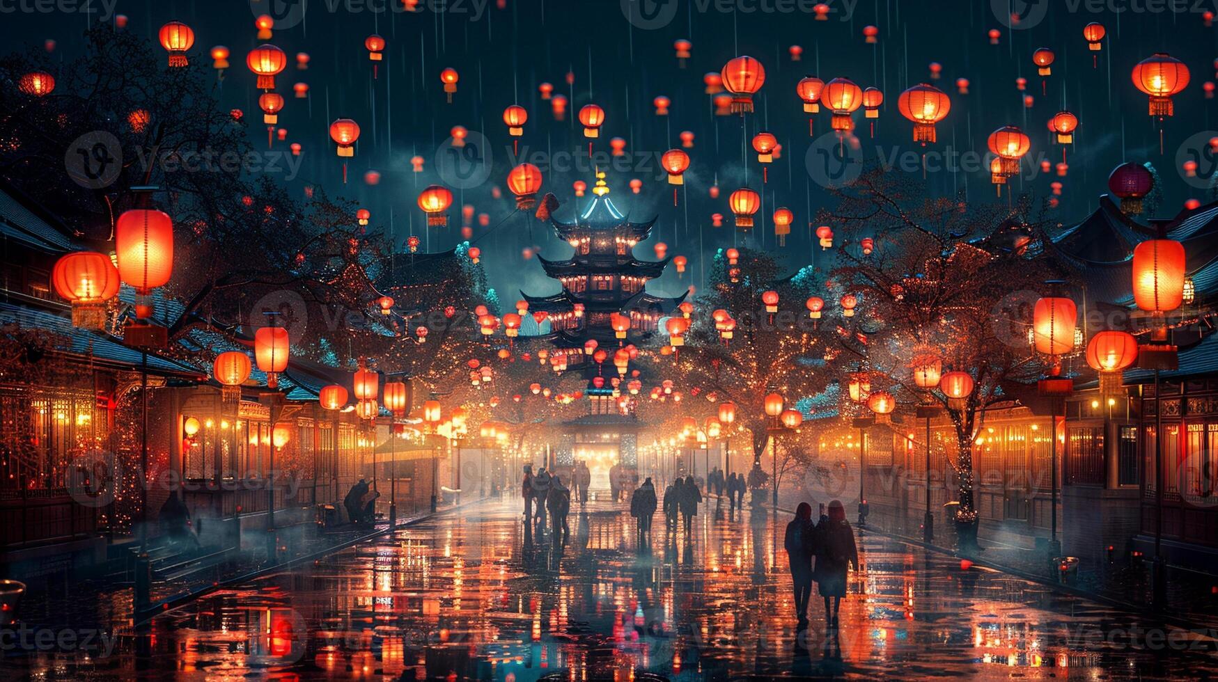A night market scene with colorful Lunar New Year lights. photo