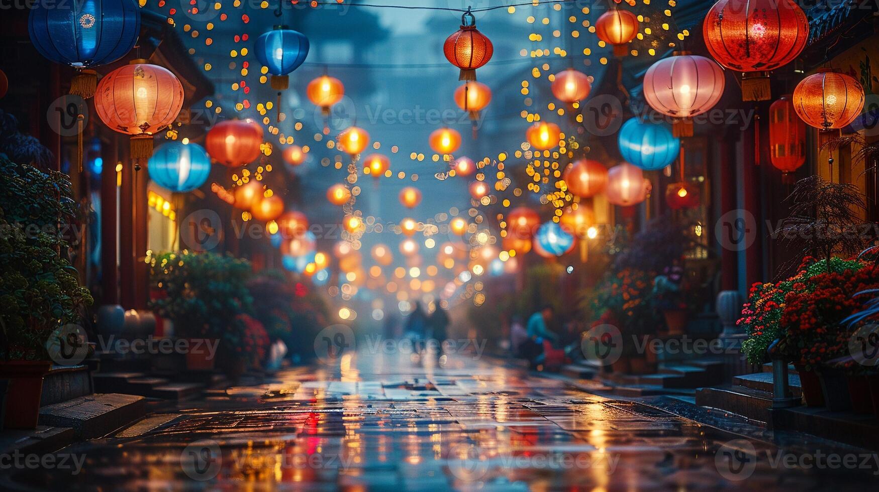 A night market scene with colorful Lunar New Year lights. photo