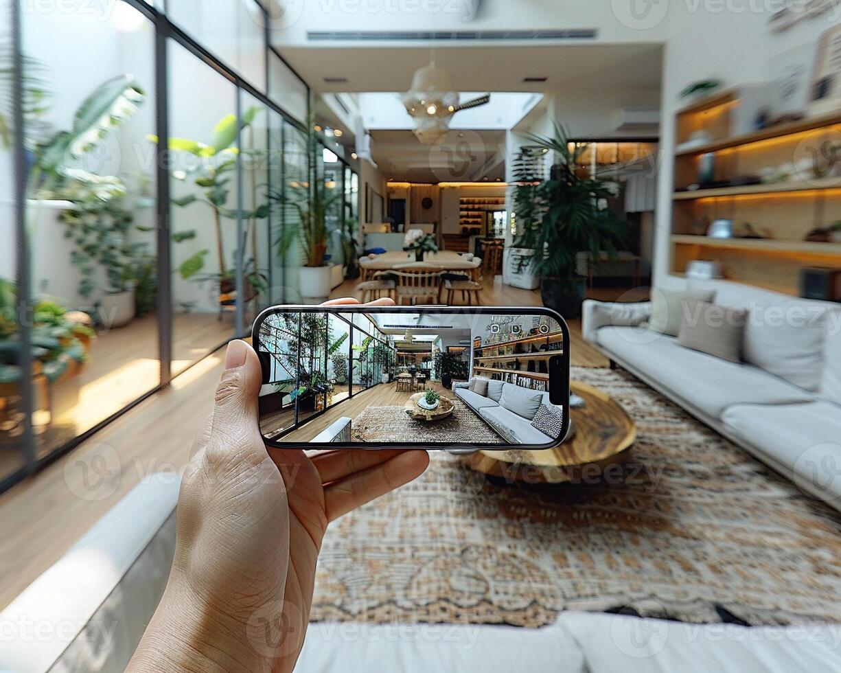 A person using VR to visualize a renovated kitchen design. photo