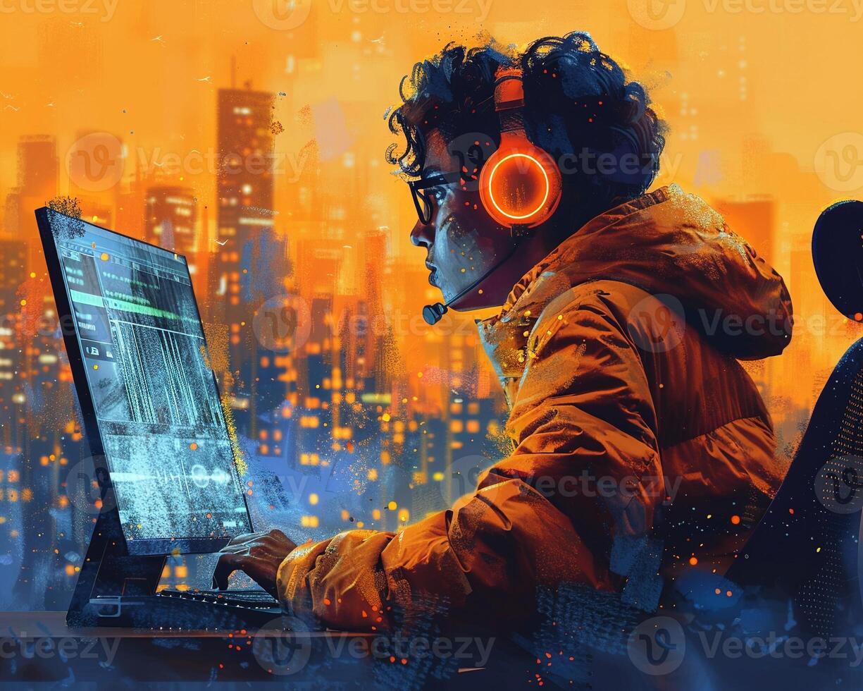 A person with a disability using voice recognition software at work. photo