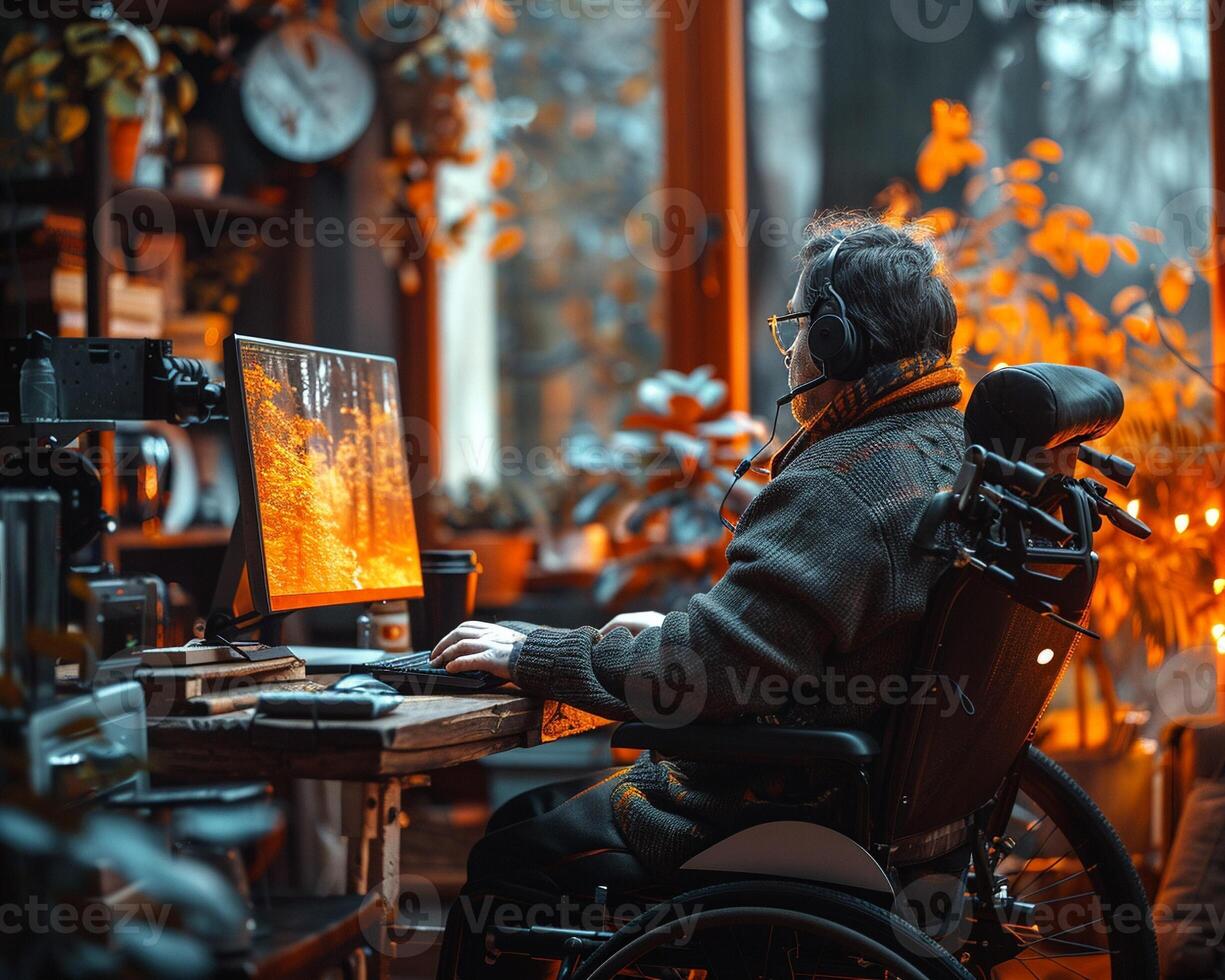 A person with a visual impairment using a computer inclusion at work photo