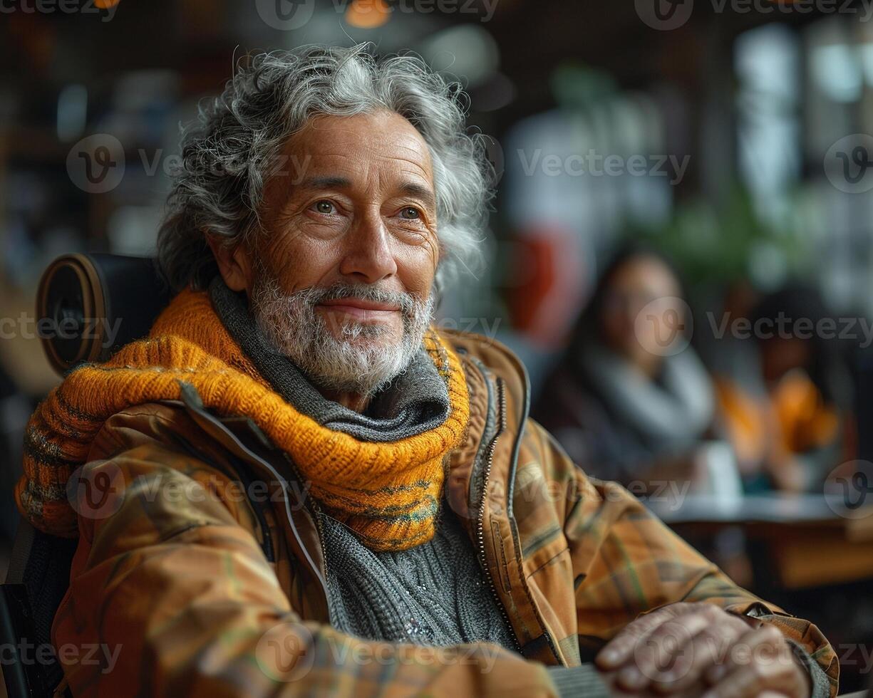 A person with a hearing impairment using sign language in a meeting. photo