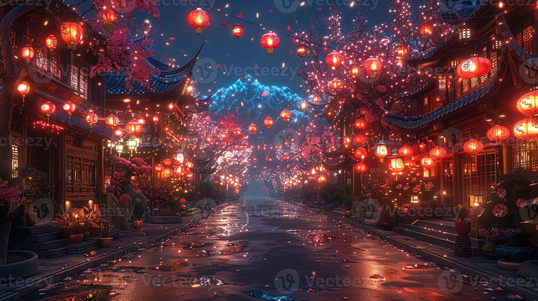 A street scene with vibrant Lunar New Year decorations and lanterns. photo