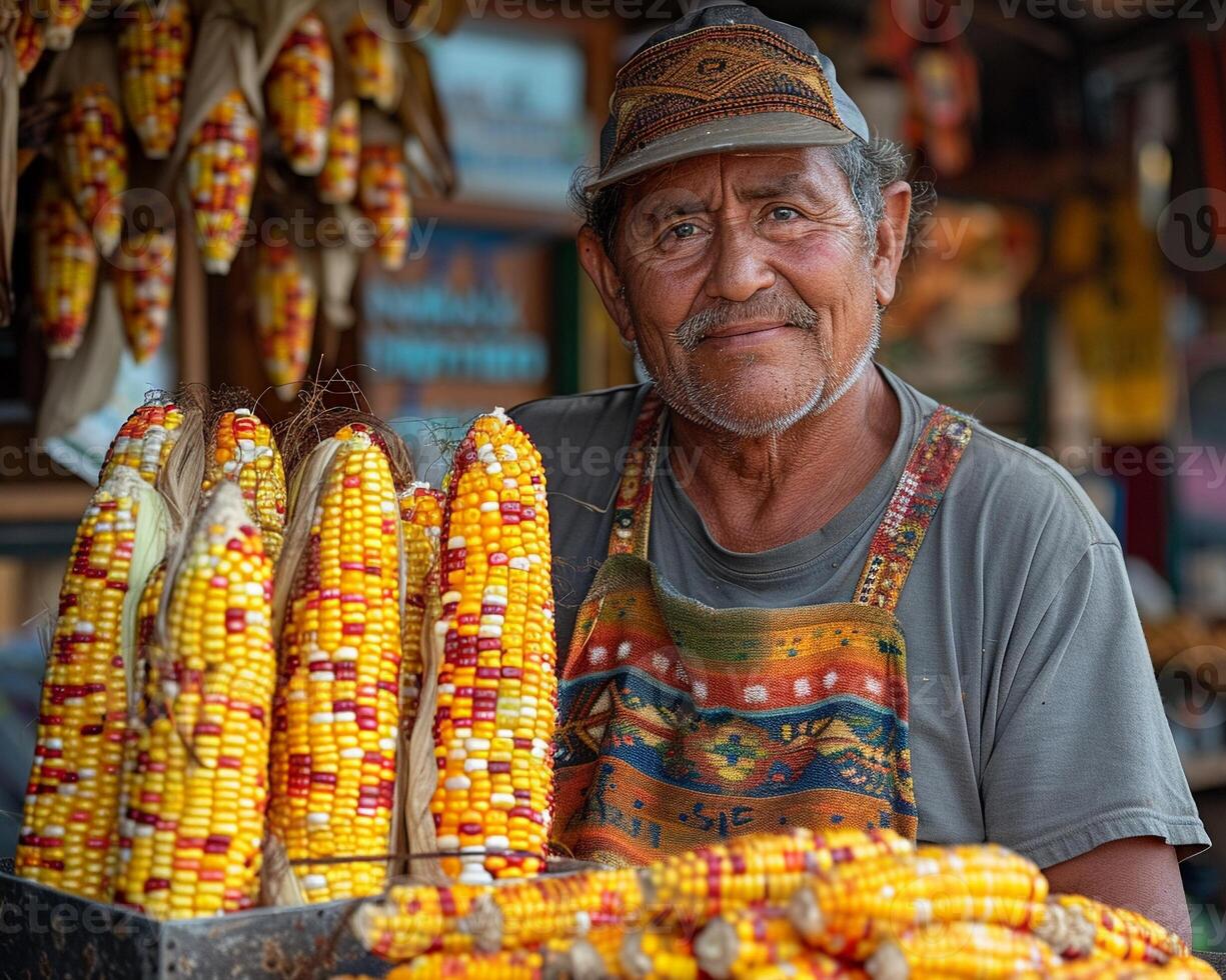 A street vendor selling elote , Mexican street corn. photo