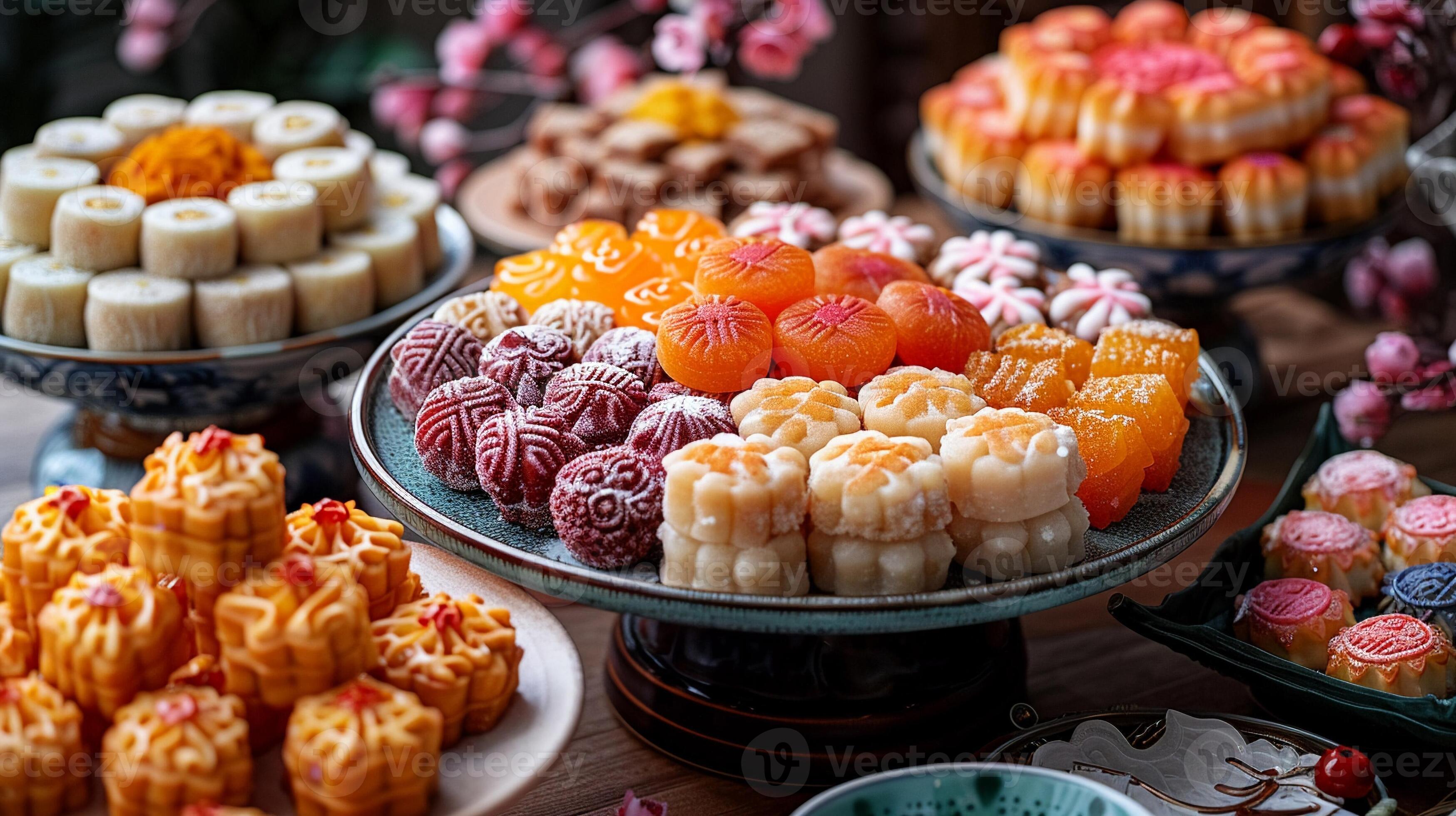 A table with traditional Lunar New Year sweets and snacks. 46240531 Stock Photo at Vecteezy